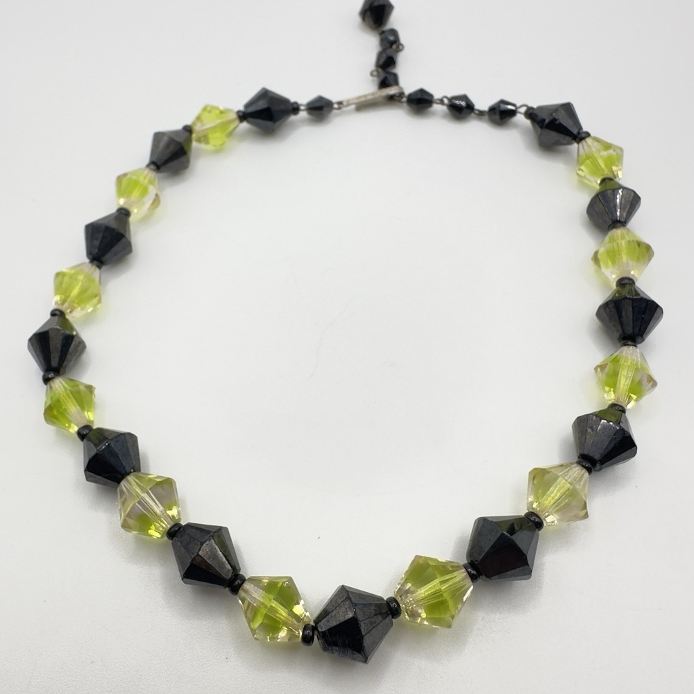 Vintage West Germany Necklace Black & Chartreuse Bicone Glass Bead Choker 15"